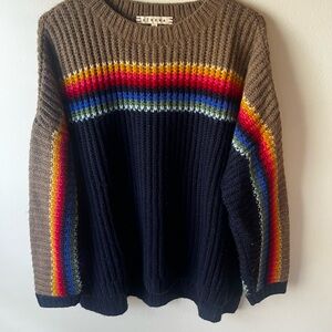 XiRENA Navy & Brown Ribbed Sweater with Rainbow Stripes